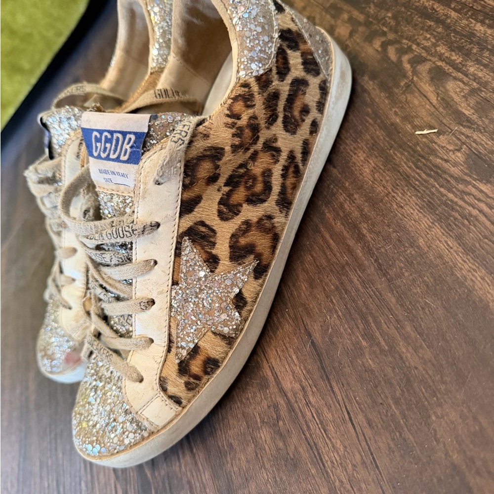 Golden Goose Brown Leopard Sneakers with Silver Glitter